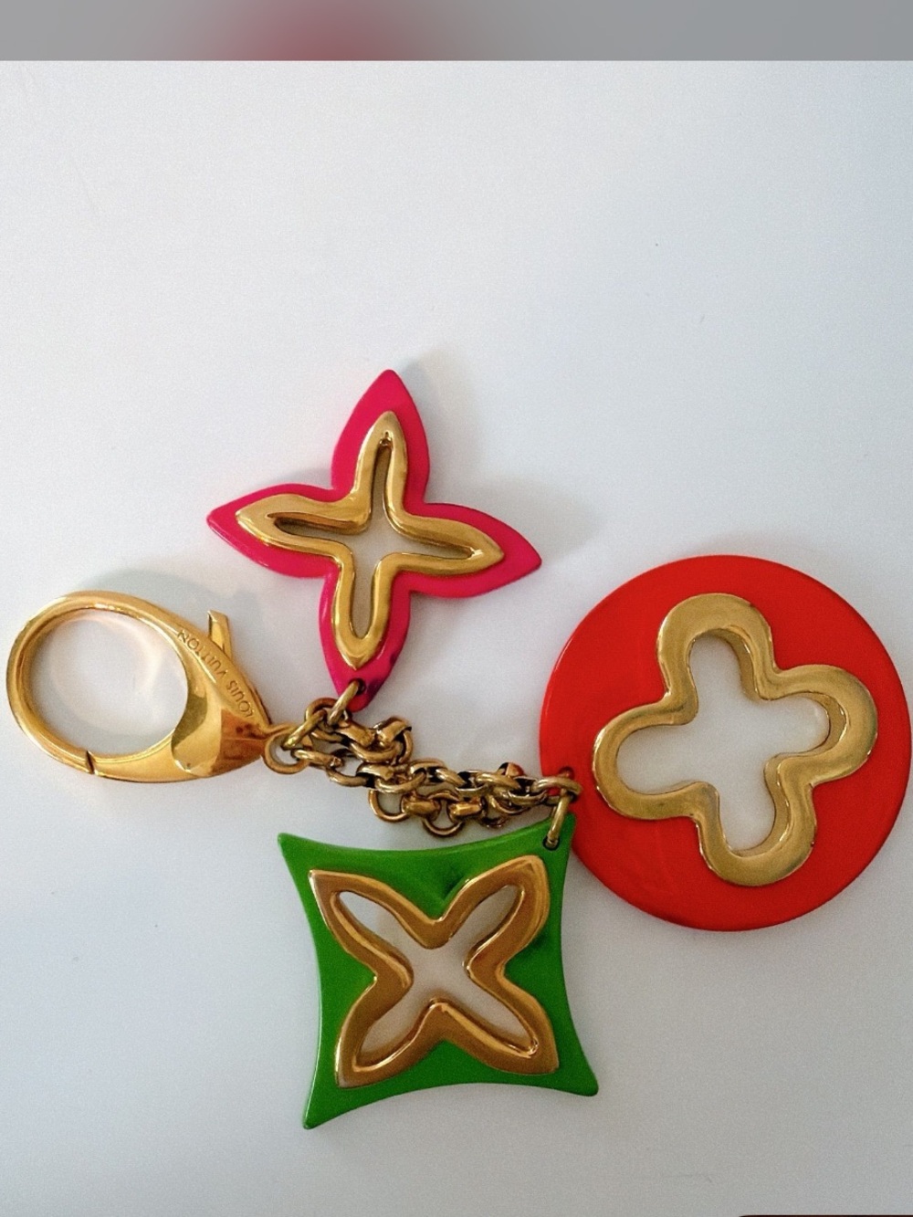 Louis Vuitton Pink, Red, Green Enamel Key & Card Holder Charm with Gold Hardware
